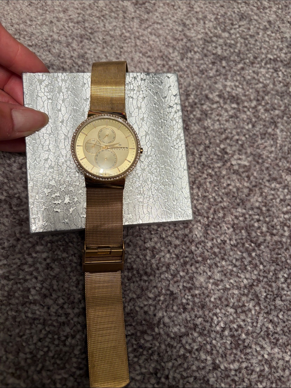 Skagen Gold Mesh Bracelet Watch with Crystal-Trim Dial